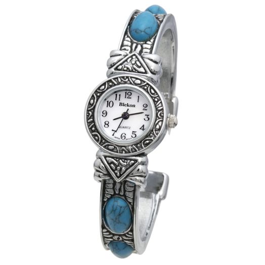 Blekon Stone Studded Watch for Women, 22mm Case Japanese Quartz Movement and Large Cuff Bangle, Best Fits Wrists Measuring 7-8 inches