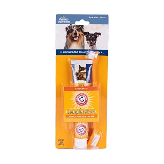 Arm & Hammer Complete Care Dog Dental Kit | 2.5oz Chicken Flavored Dog Toothpaste, Double Side Dog Toothbrush, Rubber Dog Finger Brush Baking Soda Enhanced Formula