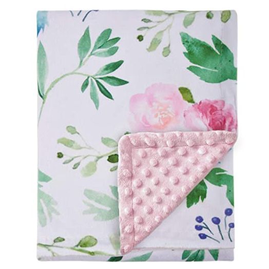 Baby Blanket for Girls Super Soft Double Layer Minky with Dotted Backing, Receiving Blanket with Pink Floral Multicolor Printed Blanket 30 x 40 Inch(75x100cm)