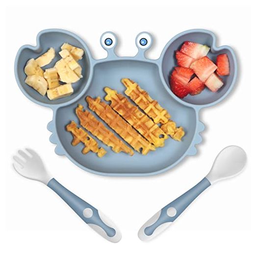 ROCCED Suction Plates for Baby, Silicone Plates with Suction for Baby Divided, Baby Spoon Fork Set for Toddler Baby Dishes Kids Plates and Utensils-Crab Blue