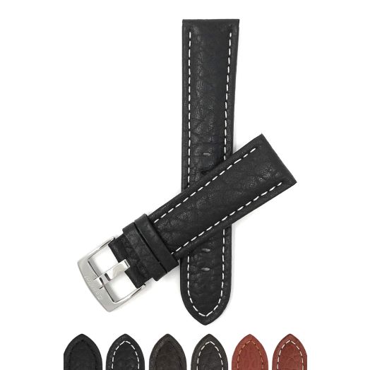 Bandini Extra Long (XL) 20mm Mens Italian Leather Watch Band Strap - Black - Buffalo Pattern - White Stitch - Classic
