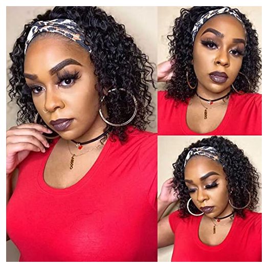 Headband Wig Curly Deep Wave Wigs for Black Women Human Hair 12 Inch 10A 100% Human Hair 150% Density