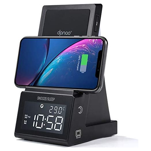 dpnao Alarm Clock with Wireless Charging, Night Light Bluetooth Speaker, USB Fast Charger Compatible,Wireless Charging Stand Compatible with iPhone 13 Pro Max/13 Mini/12/11/8,Samsung S20 FE 5G/S21Plus