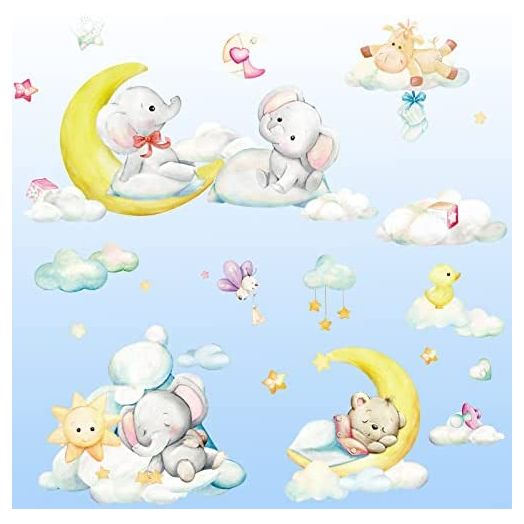 Elephant Wall Stickers, Kids and Baby Wall Decals, Lovely Bear Wall Sticker with Moon and Stars, DIY Removable Home Decoration, Wall Decor for Boys' & Girls' Room, Baby Nursery, 25 pcs Big Animals