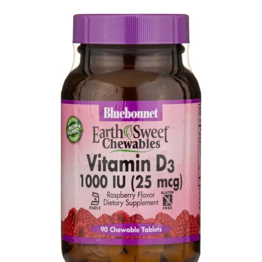 Bluebonnet Nutrition EarthSweet Vitamin D3 1000 IU (25 mcg), Raspberry Flavor - 90 Chewable Tablets