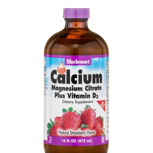 Bluebonnet Nutrition Liquid Calcium Magnesium Citrate Plus Vitamin D3, Strawberry Flavor (Milk-Free) - 16 fl. oz (472 ml)
