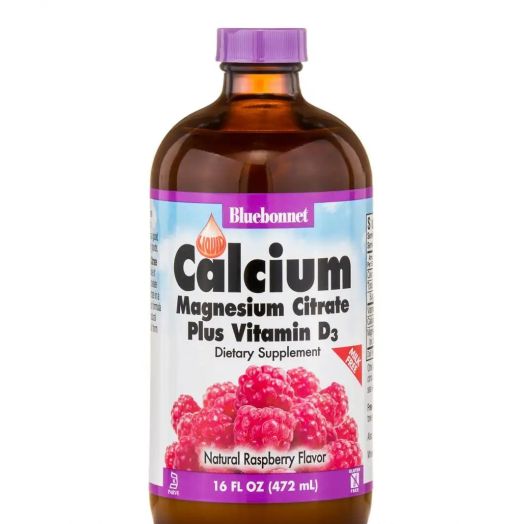 Bluebonnet Nutrition Liquid Calcium Magnesium Citrate Plus Vitamin D3, Raspberry Flavor (Milk-Free) - 16 fl. oz (472 ml)