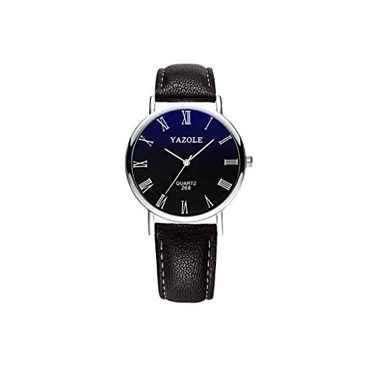 YAZOLE Mens Blu-Ray Roman Numerals Quartz Analog Wrist Watch, Faux Leather Band, Black Band Black Dial