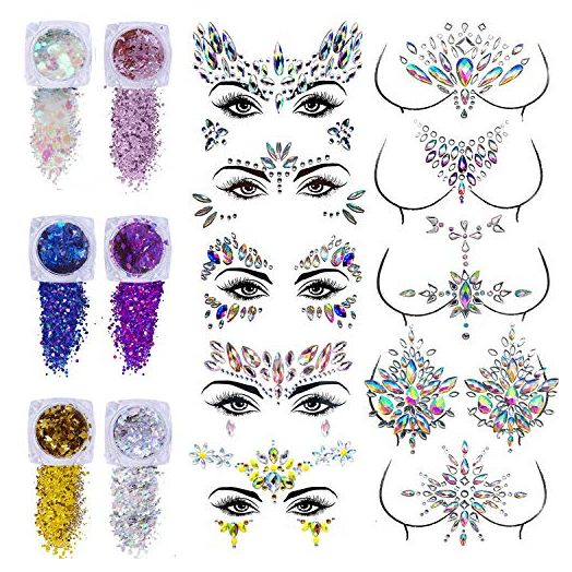 Face Gems hair Glitter 10 Sets Women Mermaid Face Jewels makeup with 6 Boxes Chunky bindi Face Glitter Crystals Face Stickers Jewels, Eyes gems rhinestones for Body Temporary Tattoos Fit for Festival Party