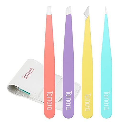 Tweezers for Eyebrows, Slant Tip and Pointed Eyebrow Tweezer Set Great Precision for Eyebrows Facial Hair, Ingrown Hair, Splinter, Blackhead and Tick Remover (4-piece) (Multi-color)