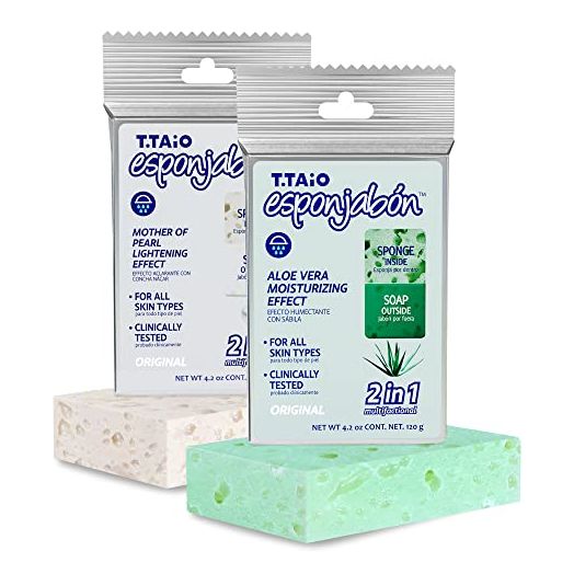 T.Taio Esponjabon Soap Sponge 2-Pack- Cleansing Shower Scrubber & Bath Wash Scrub - Massage & Lather Foot, Elbow, & Face - Bathroom Accessories - Mother of Pearl & Aloe Vera (2-Pack)