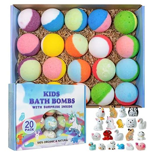 Bath Bomb Gift Set with Toys Inside, 20 Pack Organic Bath Bombs for Kids, Kids Safe Handmade Fizzy Balls for Kid, Ideal Birthday Gift for Boys & Girls)