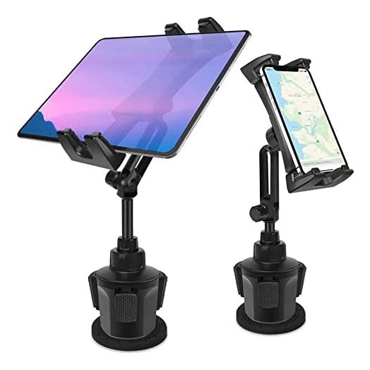 Car Cup Holder Tablet Mount & Phone Cradle Stand Truck for iPad Pro 9.7, 11, 12.9 Air Mini 5 4 3 2, Samsung Galaxy Tabs, iPhone 13 12 Pro, 4.7"-12.9" Smartphone Tab, Adjustable Long Arm, 360º Rotating