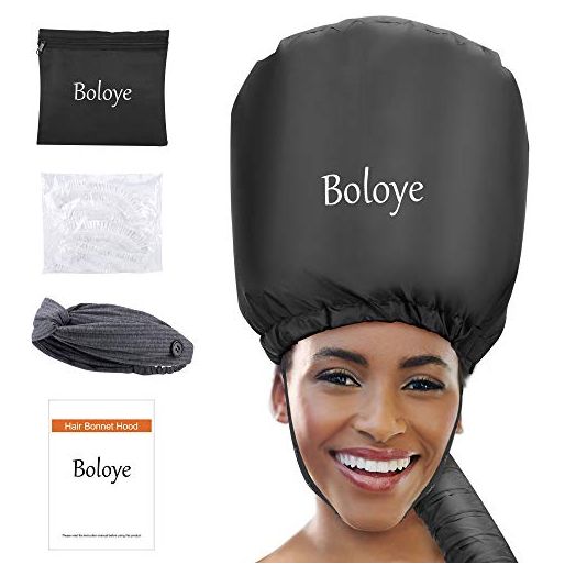 Bonnet Hair Dryer - Boloye Soft Bonnet Hood Hair Dryer Attachment with Heat Protector Headband to Reduces Heat Around Ears - Used for Curl, Hair Styling, Deep Conditioning and Hair Drying (Black)
