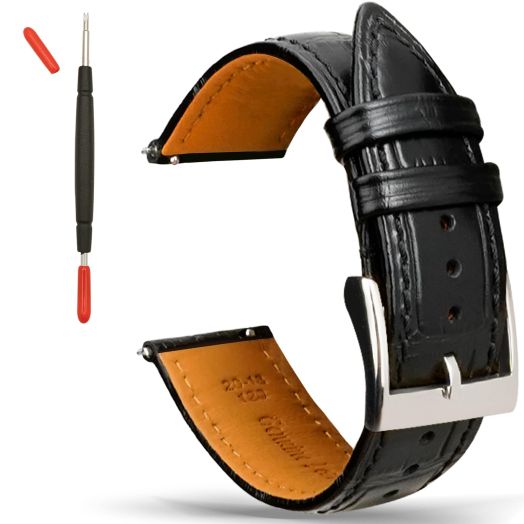 Gomvadr Alligator Grain Leather Watch Bands, Quick Release Watch Straps Replacement Smartwatch Wristband for Men Women (16mm, 18mm, 20mm, 21mm, 22mm, 24mm) 22mm Black/Silver Buckle