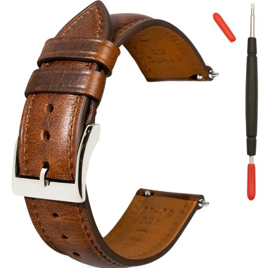 Gomvadr Quick Release Leather Watch Band 14mm 16mm 18mm 19mm 20mm 21mm 22mm 24mm,Vintage Oil-tanned Pull-up Leather Strap Replacement Watch Straps for Men Women (20mm, Cognac with Matching Stitch)