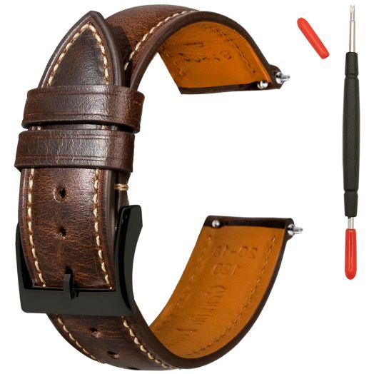 Gomvadr Quick Release Leather Watch Band,Vintage Oil-tanned Pull-up Leather Strap Replacement Watch Straps Men Women 14mm 16mm 18mm 19mm 20mm 21mm 22mm 24mm (18mm, Brown)