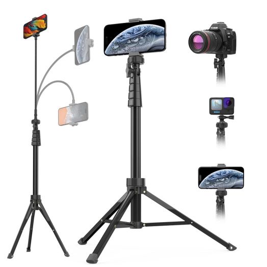 Aureday 88’’ Flexible Phone Tripod with 14.95’’ Gooseneck, Remote and Phone Holder, Overhead Cell Phone Stand&Selfie Stick for Video Recording, Compatible with iPhone Android Phone, Camera