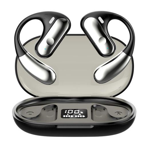 Open Ear Air Conduction Headphones Open Ear Headphones Wireless 5.3 Bluetooth Earphones for Snug Fit, Ergonomic Ear Hook, Balanced Sound, Digital Display Charging Case 40H Playtime Black