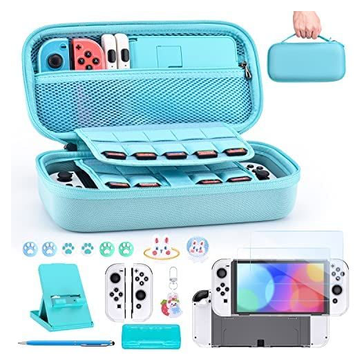 Switch OLED Accessories Bundle- innoAura 18 in 1 Switch Bundle with Switch Case, Switch Game Case, Switch OLED Screen Protector, Switch Stand, Switch Thumb Grips (Blue)