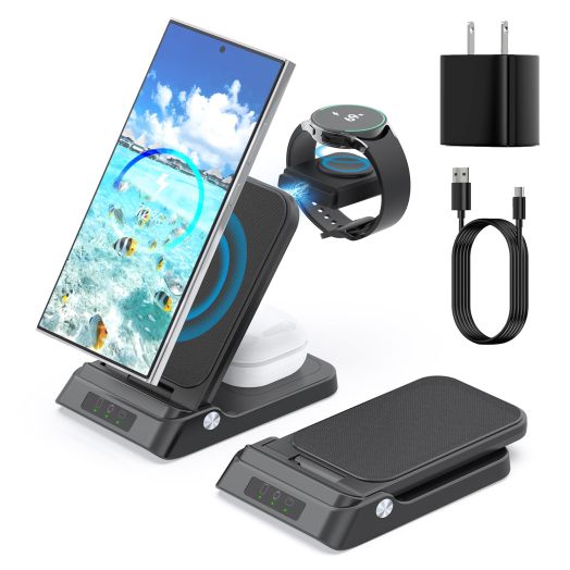 Wireless Charger for Samsung, RAUGEE Foldable 3 in 1 Fast Wireless Charging Station for Samsung Galaxy S24/24+/24 Ultra/S23 Ultra/S23+/S22/Z Fold/Flip 5/4/ Stand for Galaxy Watch 6/5/4/3