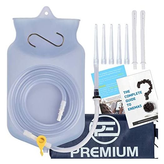 PE Clear Silicone Enema Bag Kit. Suitable for Coffee and Water Colon Cleansing. 2 Quart Capacity, 6.75 Foot Long Hose, 7 Tips. by Premium Enema