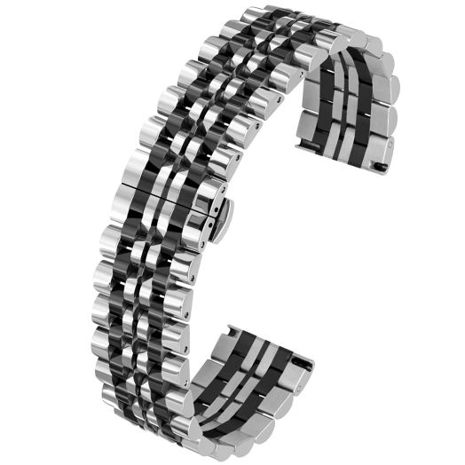 Kai Tian Two Tone Quick Release 22mm Watch Band Polished Finish Silver IP Black Watch Wrist Strap 7 Rows Sport Bracelet Mens Metal Band Deployment Butterfly Buckle