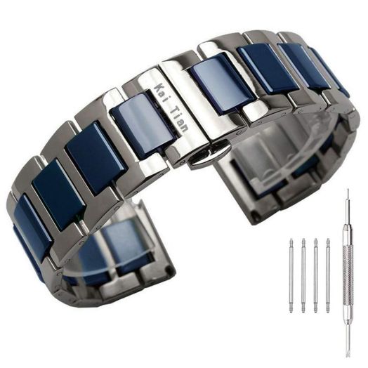 Kai Tian Two Tone 20mm Stainless Steel Watch Band with Blue Ceramic, Men's Watch Bands Silver, Butterfly Clasp, Ladies Watch Bracelet