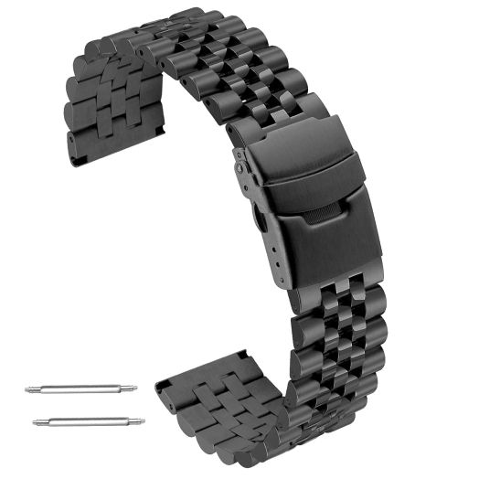 Kai Tian 22mm Black 3-Dimensional Effect Stainless Steel Watch Band Straps Round&Sturdy Metal Watch Bracelet with Double Locks Diver Clasp For Men Women