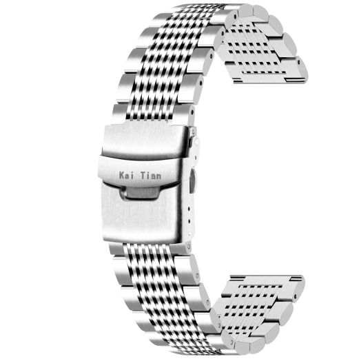 Kai Tian Premium Brushed&Polished Silver Stainless Steel Watch Band 18mm Metal Mesh Watch Straps Double Locks Diver Clasp Bracelet for Men Women