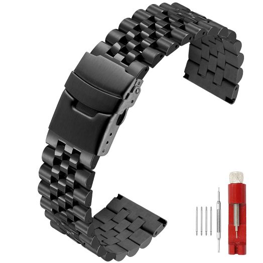 SINAIKE Super Brushed & Polished 3D Solid Black Stainless Steel Watch Bracelet Band 24mm Metal Band Security Double Deployment Buckle