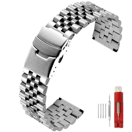 SINAIKE Super Brushed & Polished 3D Solid Silver Stainless Steel Watch Bracelet Metal Band 24 mm Security Double Deployment Buckle