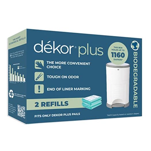 Dekor Plus Diaper Pail Biodegradable Refills | 2 Count | Most Economical Refill System | Quick and Simple to Replace | No Preset Bag Size – Use Only What You Need | Exclusive End-of-Liner Marking