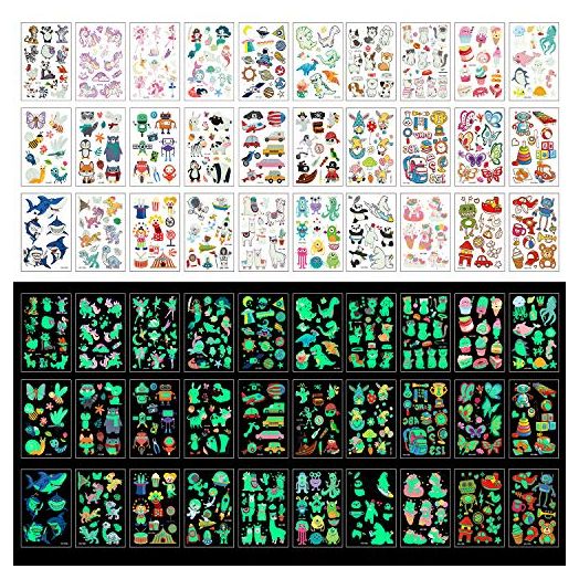 Zayvor Temporary Tattoos For Kids, 400pcs Glow In The Dark Tattoos,Assorted Cartoon Luminous Unicorn Mermaid Butterfly Animal Dinosaur Pirate Space Fake Tattoo, Boys Girls Party Favor Supplies