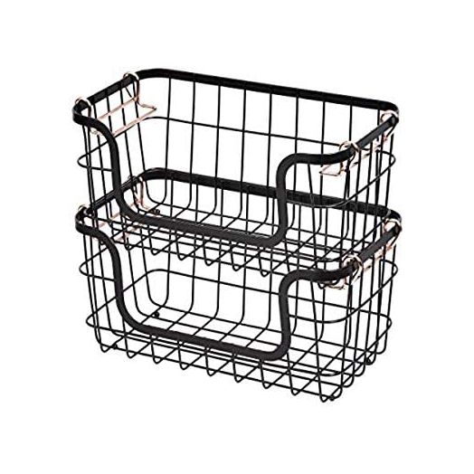 Amazon Basics Stackable Metal Wire Storage Basket Set for Kitchen or Bathroom, Black/Rose Gold