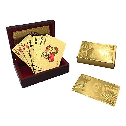 Yuanhe Luxury Gold Foil Poker Playing Cards Decks with Wooden Box, 100 Dollar Pattern Design, Waterproof, Durable