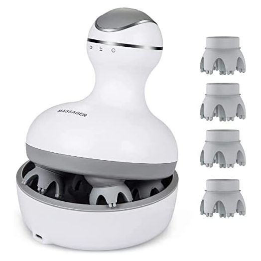 LATME Electric Scalp Massager with 4 Replacement Massage Heads Portable Head Scratcher with Tissue Kneading Nodes Gifts Idea Stress Release Massager for Muscles Shoulder Calf