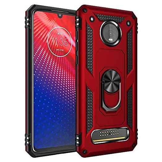 Military Grade Drop Impact for Motorola Moto Z4 Case,Moto Z4 Play Case 360 Metal Rotating Ring Kickstand Holder Magnetic Car Mount Armor Heavy Duty Case Z4 Z4 Play Z4 Force Phone Case (Red)