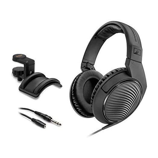 Sennheiser HD 200 Pro Monitoring Headphones with Headphone Holder & Stereo 1/4" Male Headphone Extension Cable 10' Bundle