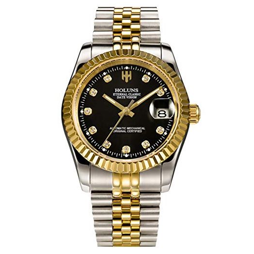 LOREO Mens Full Gold Watch Automatic Mechanical Gilded Steel Self-Wind Sapphire Glass Dress Waterproof Watch