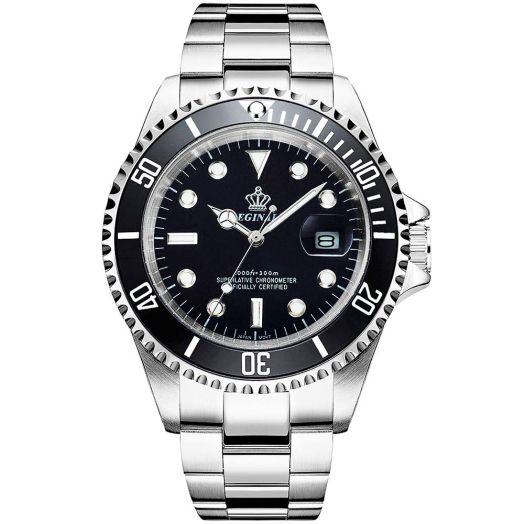 Reginald Men's Watch Luminous Quartz Rotatable Bezel Sapphire Glass Silver Stainless Steel Band and Case Waterproof Sports Black Watch