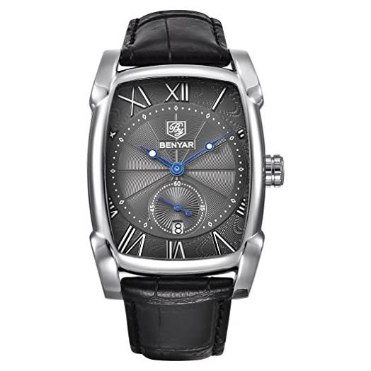BENYAR Waterproof Classic Rectangle Case Vintage Design Watches Leather Strap Business Casual Wrist Watch for Men