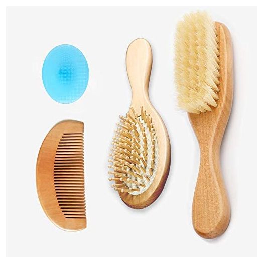 4 Piece Baby Hair Brush Set, Natural Bristles, Prevents & Treats Cradle Cap, Wooden Comb, Baby Brush for Massage, Perfect Baby Registry Gift
