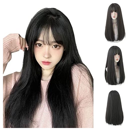 URCGTSA long Wig for Women Black Synthetic Hair Natural Long Straight Wig With Bangs Party Cosplay Wig for Girl(Black brown 23Inch)