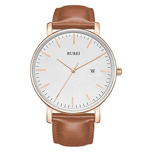 BUREI Men's Watch Ultra Thin Quartz Analog Wrist Watch Date Calendar Leather Band Watch for Men Women