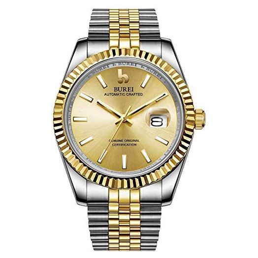 BUREI Men's Automatic Watch Analog Dial with Date Window Sapphire Crystal Stainless Steel Band and Case