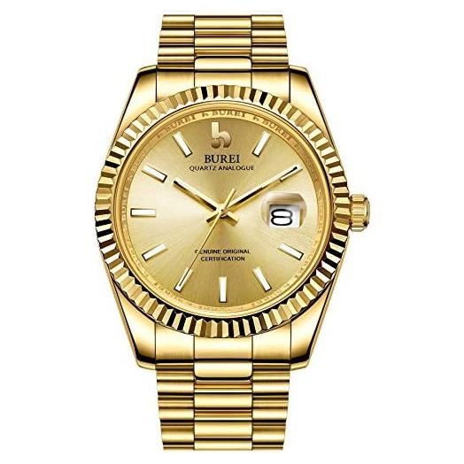 BUREI Mens Watches Luxury Analog Quartz Wristwatch Dial Calendar Display Sapphire Crystal with Stainless Steel Band