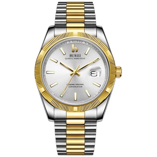 BUREI Men Watches Luxury Analog Quartz Wrist Watch Silver Dial Calendar Display Sapphire Crystal Lens with Two Tones Stainless Steel Band,Gold White Dial