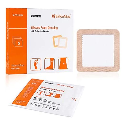 Silicone Foam Dressing with Gentle Adhesive Border 6''x6'' 5 Pack, Painless Removal High Absorbency Waterproof Bed Sore Bandage for Pressure Ulcer, Leg Ulcer, Diabetic Foot Ulcer by EalionMed