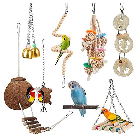 Toys for Bird Parakeet Toy Bird Perch Bird Cage Hammock Coconut Hideaway with Ladder Hanging Bell Swing Chewing Hanging Toy for Parakeet,Conure,Cockatiel,Love Birds,Parrots